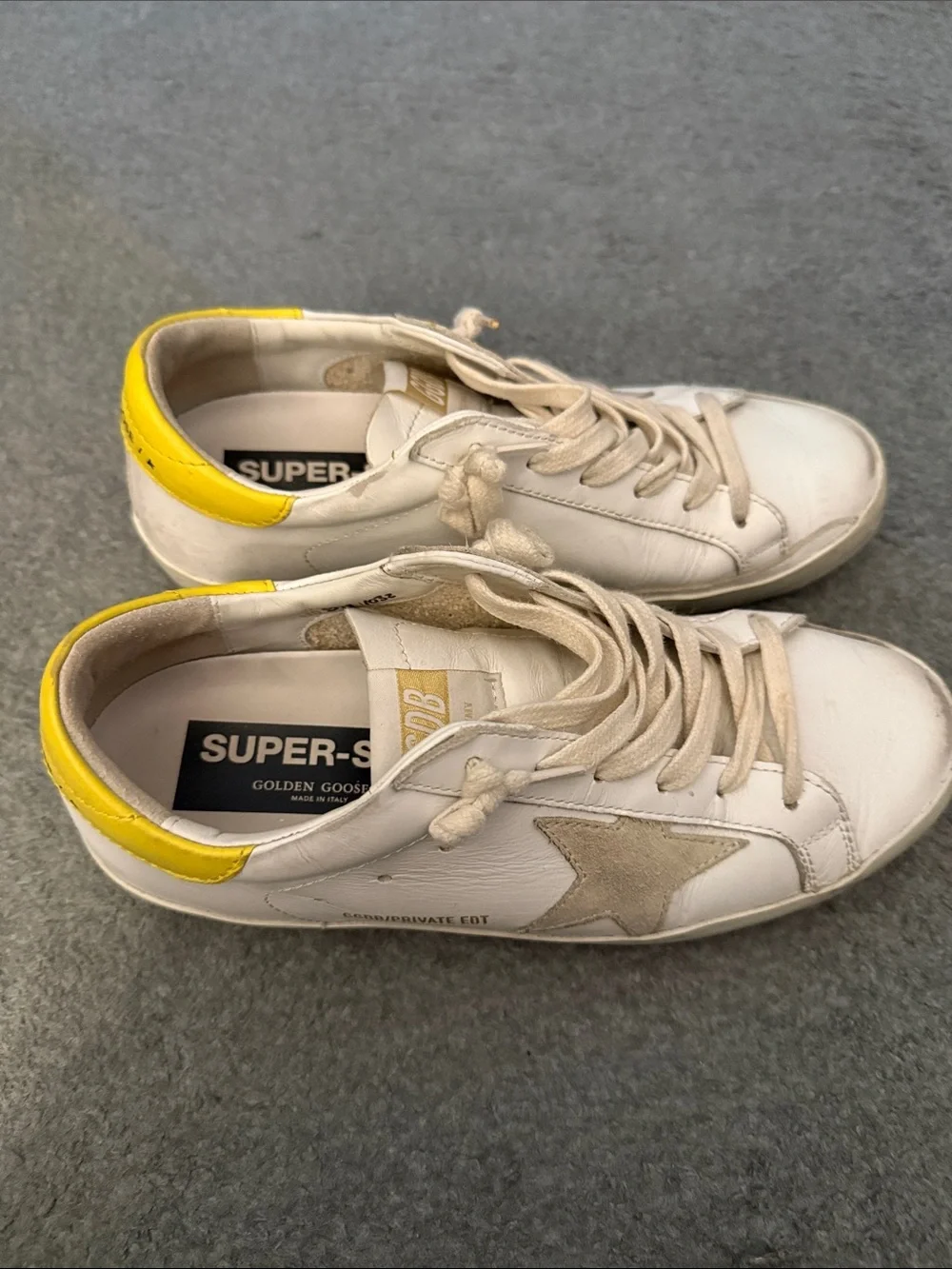Golden Goose Super-Star Low Top White Sneakers with Yellow Heel Accent - Picture 2 of 5